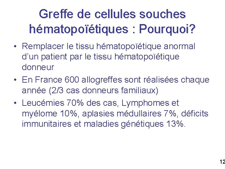 Greffe de cellules souches hématopoïétiques : Pourquoi? • Remplacer le tissu hématopoïétique anormal d’un