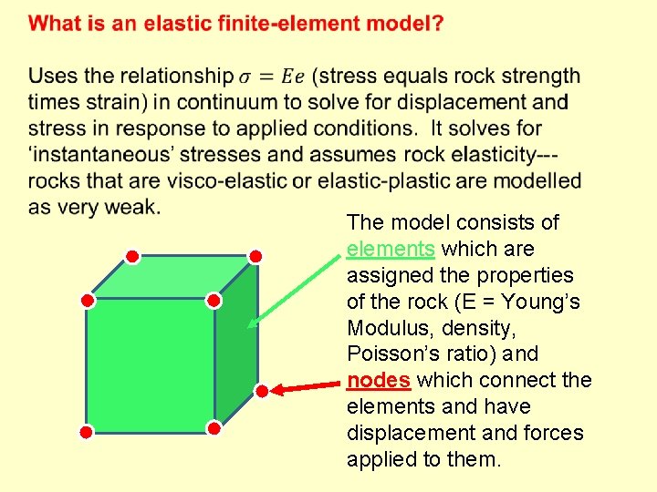 The model consists of elements which are assigned the properties of the rock (E
