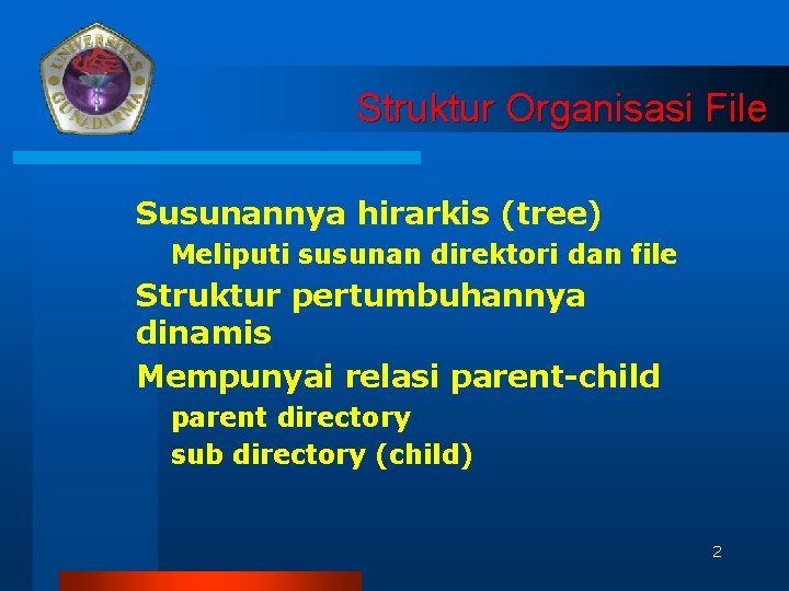 Struktur Organisasi File Susunannya hirarkis (tree) Meliputi susunan direktori dan file Struktur pertumbuhannya dinamis