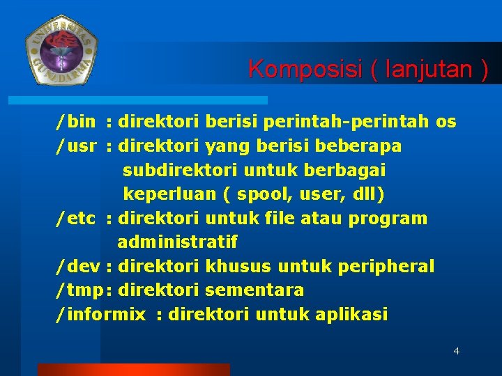 Komposisi ( lanjutan ) /bin : direktori berisi perintah-perintah os /usr : direktori yang