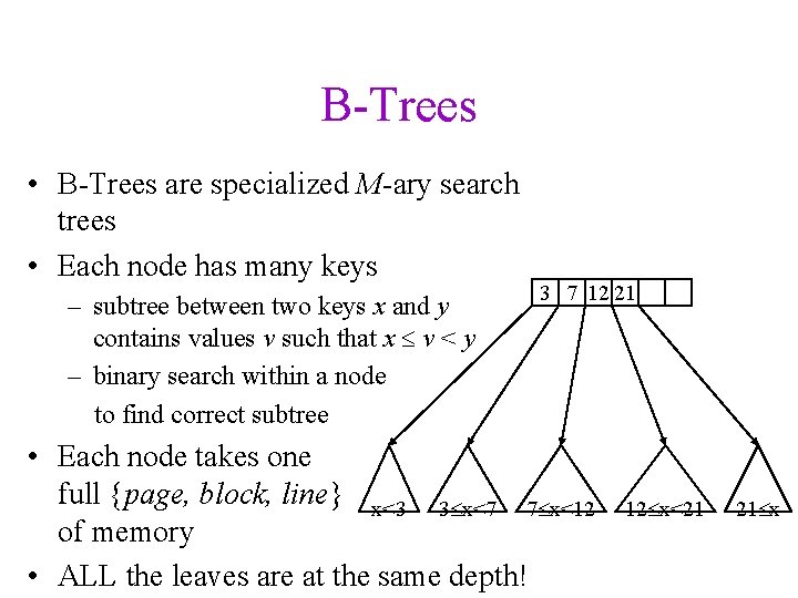 B-Trees • B-Trees are specialized M-ary search trees • Each node has many keys