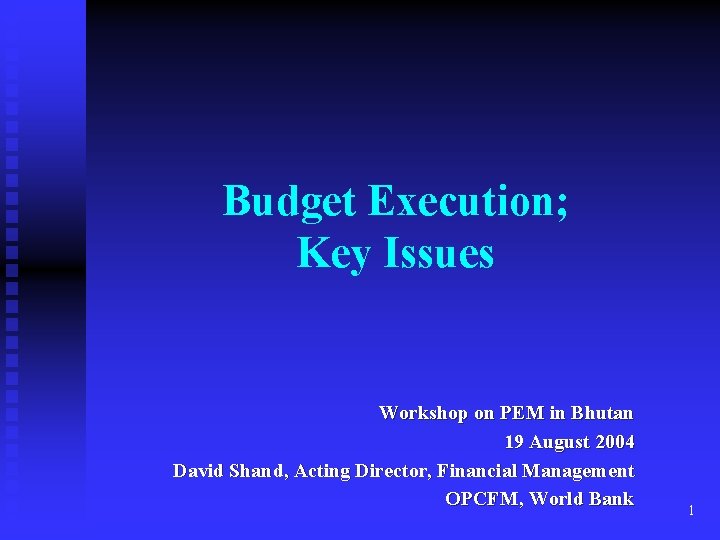 Budget Execution; Key Issues Workshop on PEM in Bhutan 19 August 2004 David Shand,