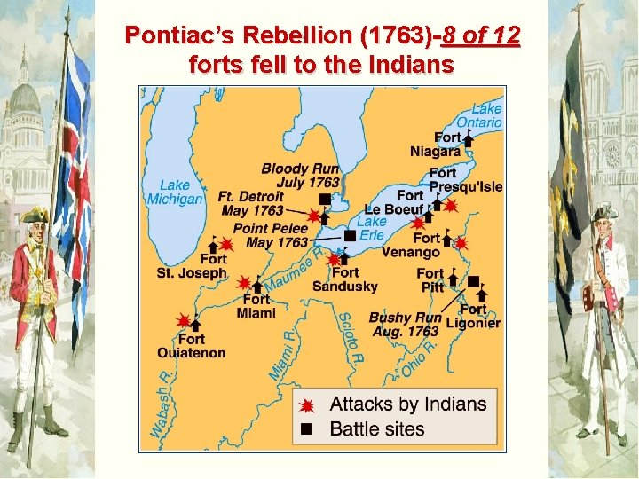 Pontiac’s Rebellion (1763)-8 of 12 forts fell to the Indians 