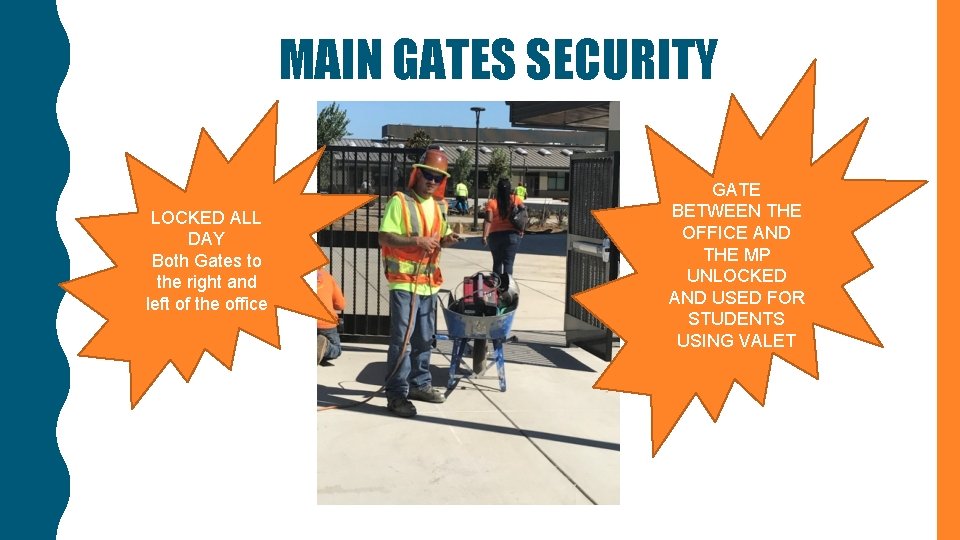 MAIN GATES SECURITY LOCKED ALL DAY Both Gates to the right and left of