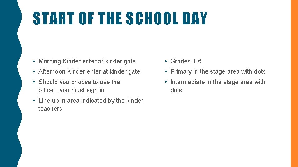 START OF THE SCHOOL DAY • Morning Kinder enter at kinder gate • Grades