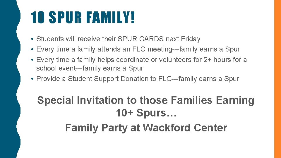 10 SPUR FAMILY! • Students will receive their SPUR CARDS next Friday • Every