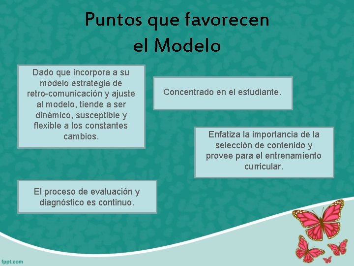 Puntos que favorecen el Modelo Dado que incorpora a su modelo estrategia de retro-comunicación