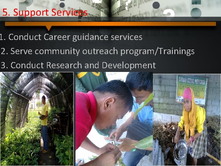 5. Support Services 1. Conduct Career guidance services 2. Serve community outreach program/Trainings 3. 5. Support Services 1. Conduct Career guidance services 2. Serve community outreach program/Trainings 3.