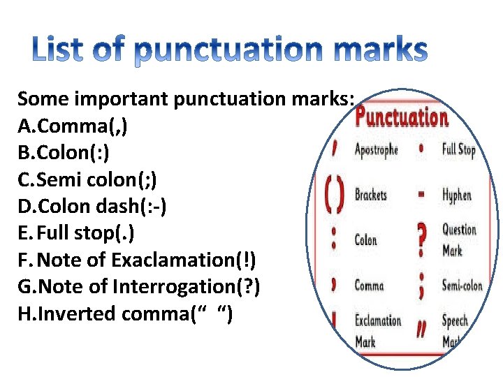 Some important punctuation marks: A. Comma(, ) B. Colon(: ) C. Semi colon(; )