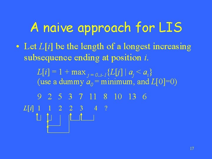 A naive approach for LIS • Let L[i] be the length of a longest
