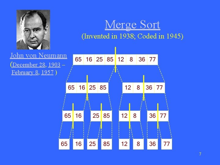 Merge Sort (Invented in 1938; Coded in 1945) John von Neumann (December 28, 1903