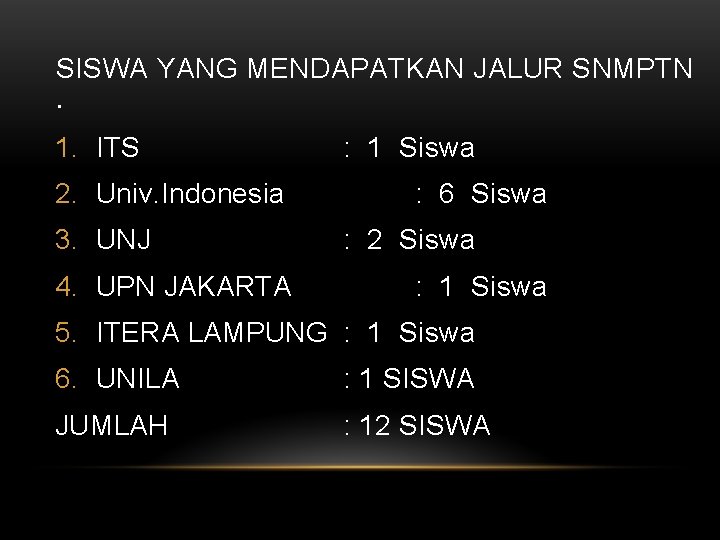 SISWA YANG MENDAPATKAN JALUR SNMPTN . 1. ITS 2. Univ. Indonesia 3. UNJ 4.
