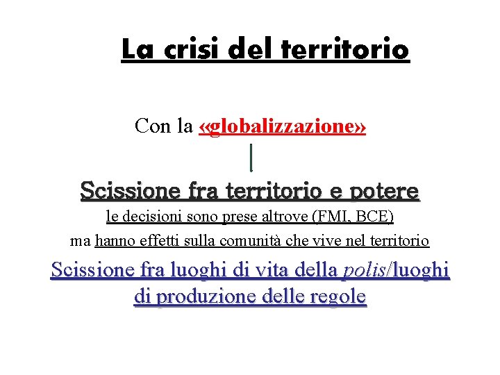 La crisi del territorio Con la «globalizzazione» Scissione fra territorio e potere le decisioni