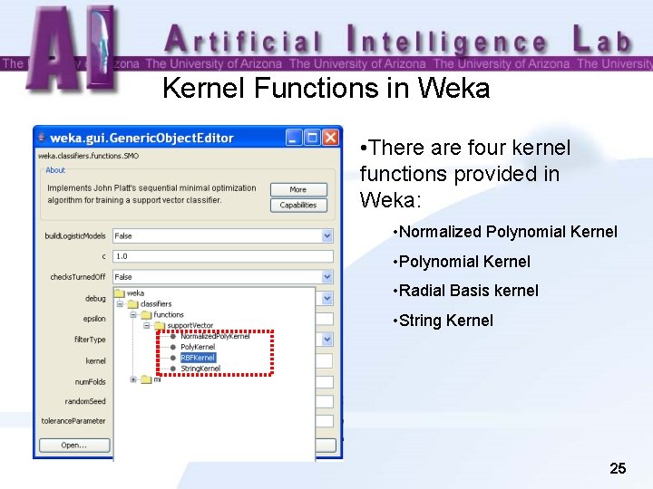 Kernel Functions in Weka • There are four kernel functions provided in Weka: •