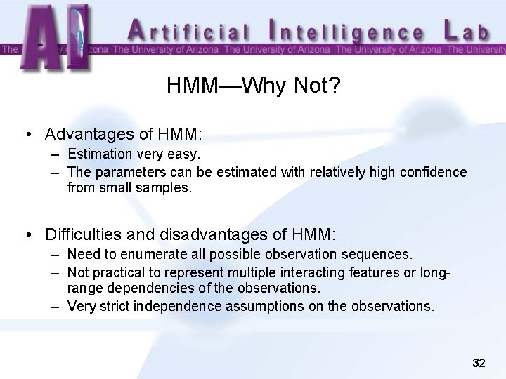 HMM—Why Not? • Advantages of HMM: – Estimation very easy. – The parameters can