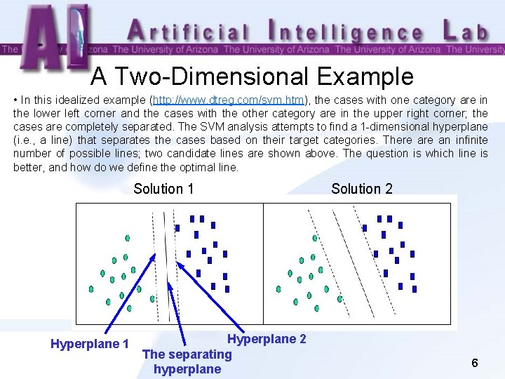 A Two-Dimensional Example • In this idealized example (http: //www. dtreg. com/svm. htm), the