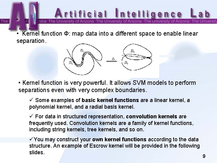  • Kernel function Φ: map data into a different space to enable linear