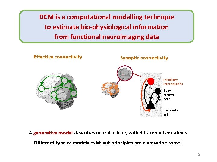 DCM is a computational modelling technique to estimate bio-physiological information from functional neuroimaging data