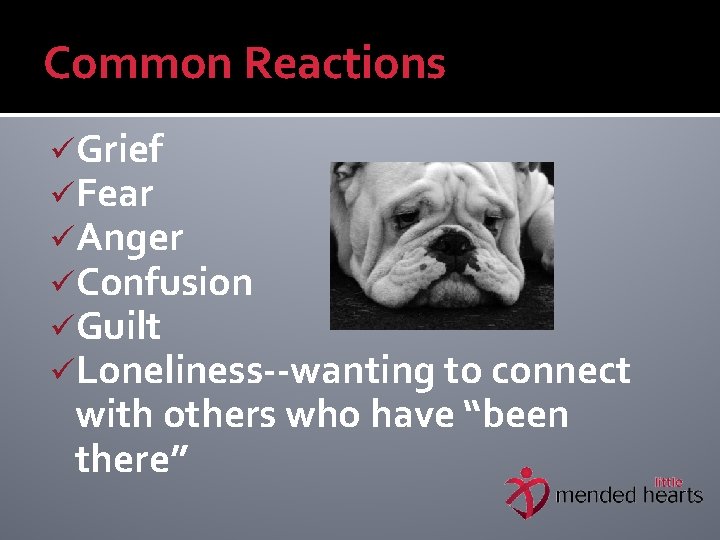 Common Reactions üGrief üFear üAnger üConfusion üGuilt üLoneliness--wanting to connect with others who have
