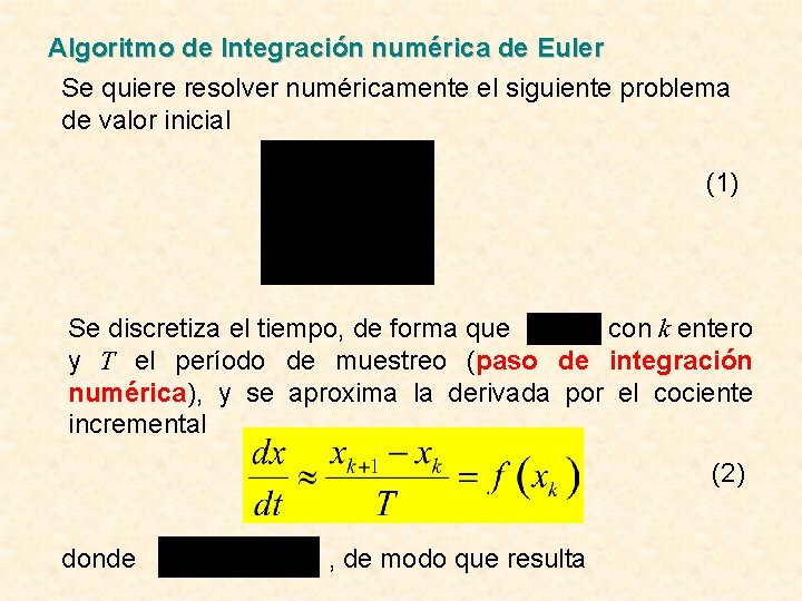 Algoritmo de Integración numérica de Euler Se quiere resolver numéricamente el siguiente problema de