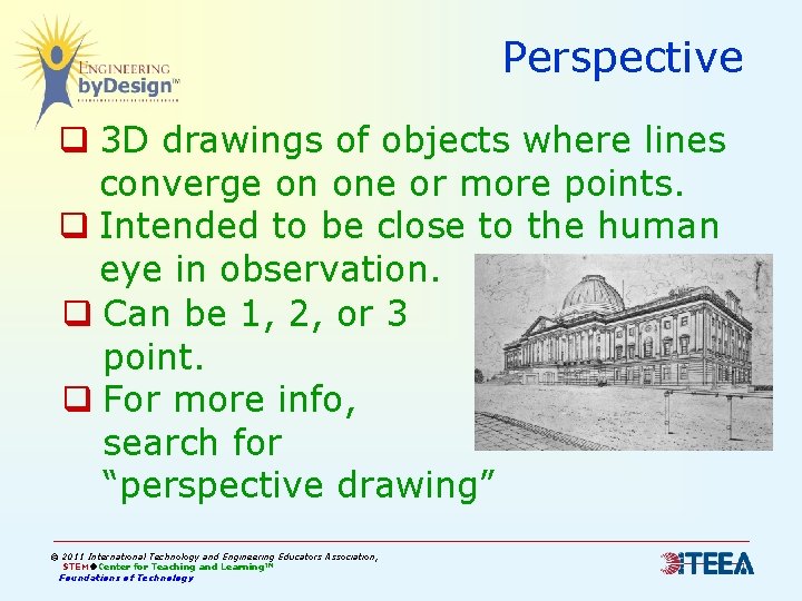 Perspective q 3 D drawings of objects where lines converge on one or more