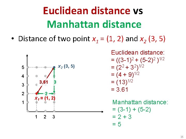 Euclidean distance vs Manhattan distance • Distance of two point x 1 = (1,