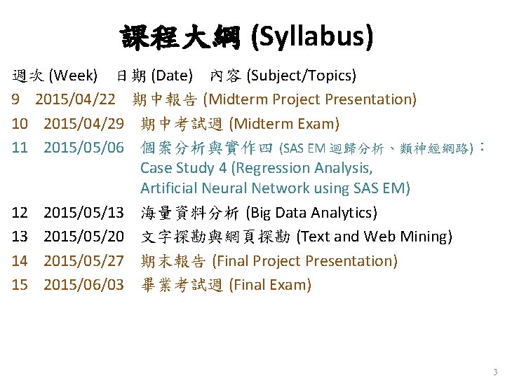 課程大綱 (Syllabus) 週次 (Week) 日期 (Date) 內容 (Subject/Topics) 9 2015/04/22 期中報告 (Midterm Project Presentation)