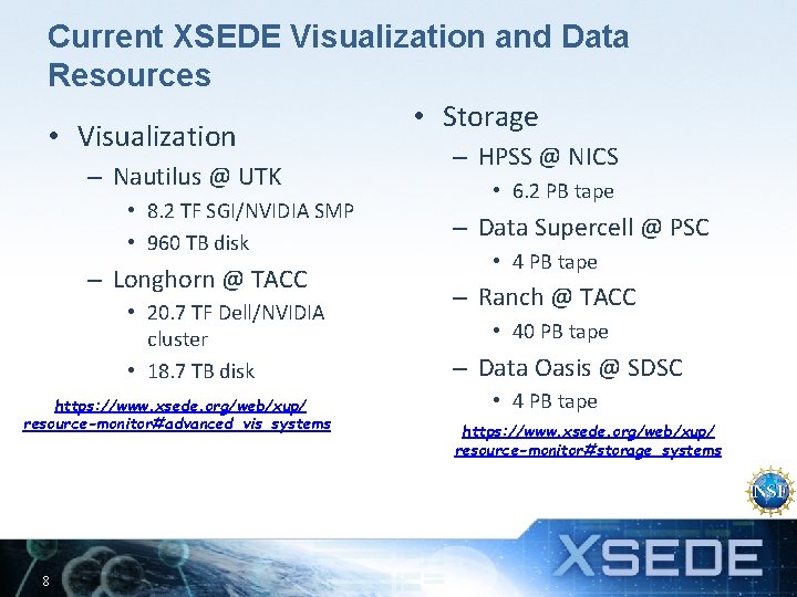 Current XSEDE Visualization and Data Resources • Storage • Visualization – Nautilus @ UTK