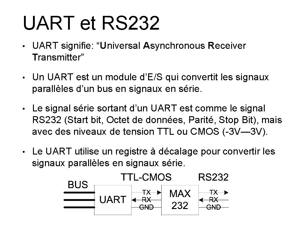 UART et RS 232 • UART signifie: “Universal Asynchronous Receiver Transmitter” • Un UART