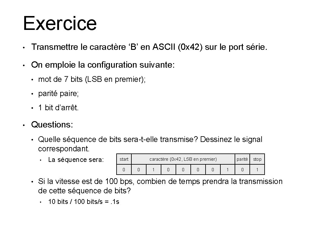 Exercice • Transmettre le caractère ‘B’ en ASCII (0 x 42) sur le port