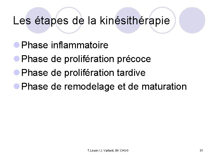 Les étapes de la kinésithérapie l Phase inflammatoire l Phase de prolifération précoce l