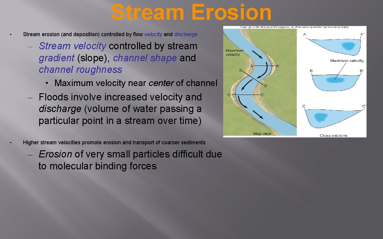 Stream Erosion • Stream erosion (and deposition) controlled by flow velocity and discharge –