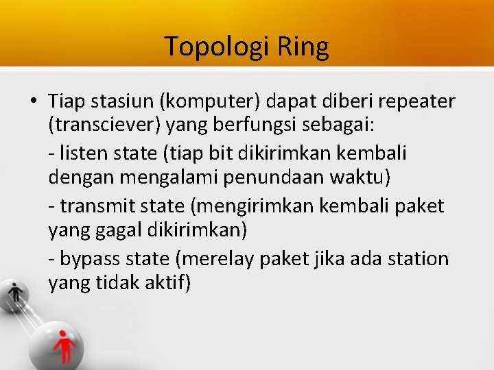 Topologi Ring • Tiap stasiun (komputer) dapat diberi repeater (transciever) yang berfungsi sebagai: -