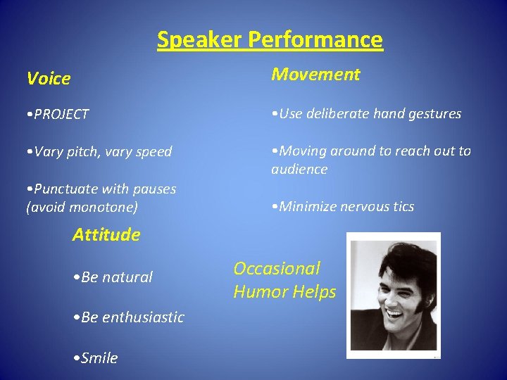 Speaker Performance Voice Movement • PROJECT • Use deliberate hand gestures • Vary pitch,