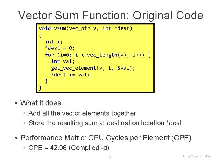 Vector Sum Function: Original Code void vsum(vec_ptr v, int *dest) { int i; *dest