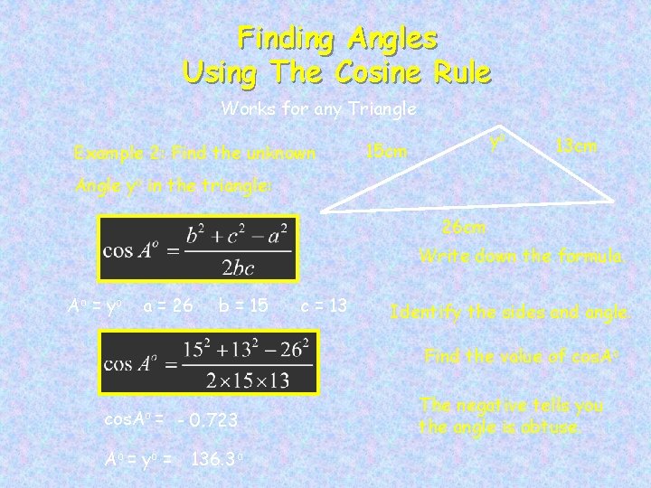 Finding Angles Using The Cosine Rule Works for any Triangle Example 2: Find the