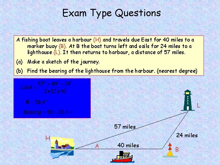 Exam Type Questions A fishing boat leaves a harbour (H) and travels due East