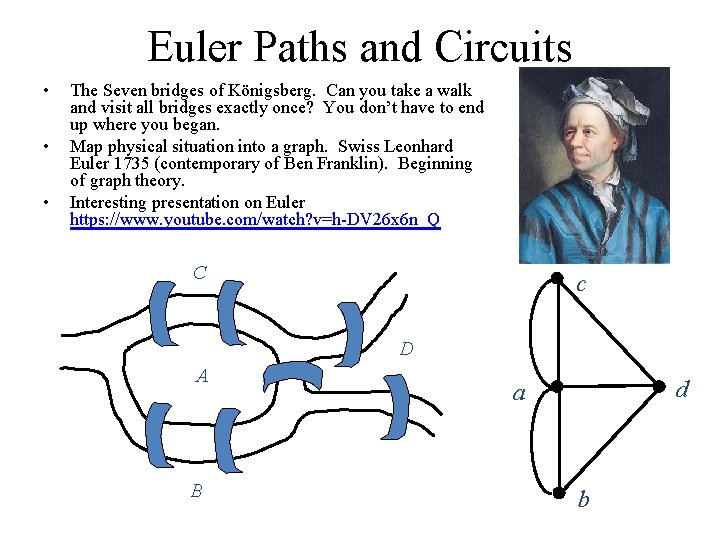 Euler Paths and Circuits • • • The Seven bridges of Königsberg. Can you Euler Paths and Circuits • • • The Seven bridges of Königsberg. Can you