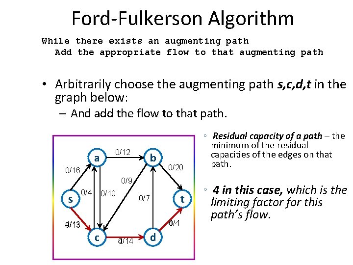 Ford-Fulkerson Algorithm While there exists an augmenting path Add the appropriate flow to that Ford-Fulkerson Algorithm While there exists an augmenting path Add the appropriate flow to that