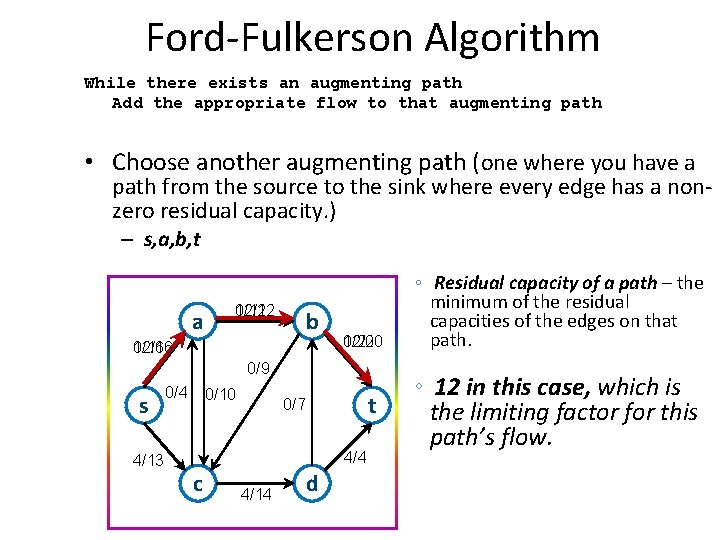 Ford-Fulkerson Algorithm While there exists an augmenting path Add the appropriate flow to that Ford-Fulkerson Algorithm While there exists an augmenting path Add the appropriate flow to that