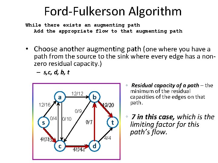 Ford-Fulkerson Algorithm While there exists an augmenting path Add the appropriate flow to that Ford-Fulkerson Algorithm While there exists an augmenting path Add the appropriate flow to that