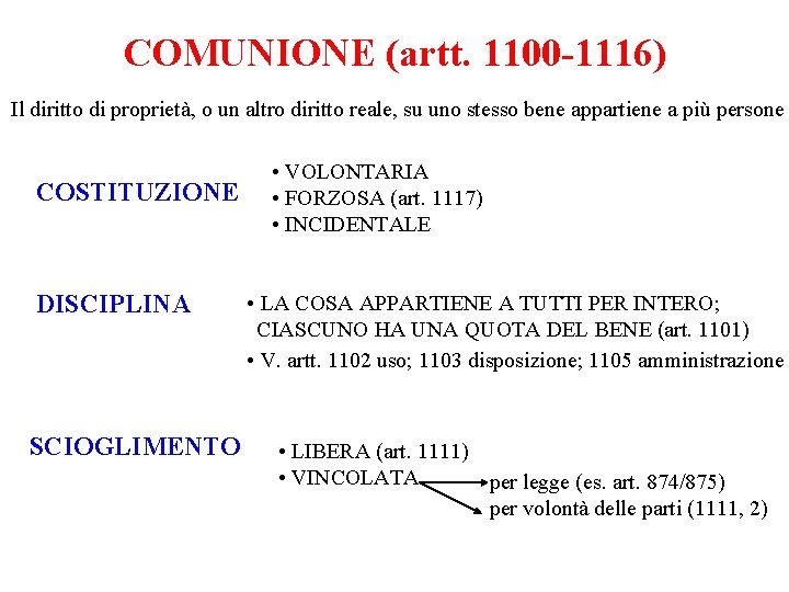 COMUNIONE (artt. 1100 -1116) Il diritto di proprietà, o un altro diritto reale, su