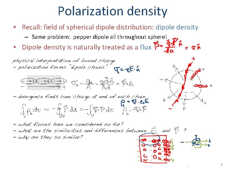 Polarization density • Recall: field of spherical dipole distribution: dipole density – Same problem:
