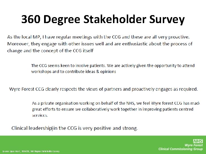 360 Degree Stakeholder Survey Source: Ipsos Mori , 2014/15, 360 Degree Stakeholder Survey 