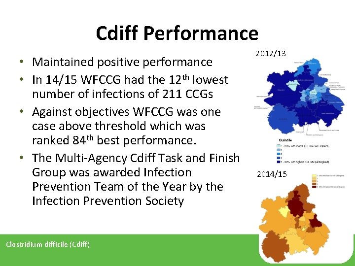 Cdiff Performance • Maintained positive performance • In 14/15 WFCCG had the 12 th