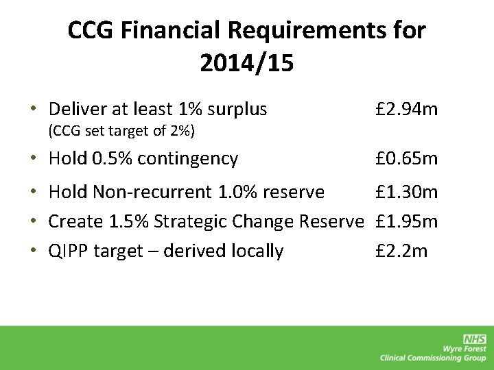 CCG Financial Requirements for 2014/15 • Deliver at least 1% surplus £ 2. 94