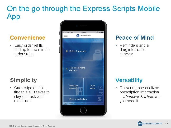On the go through the Express Scripts Mobile App Convenience Peace of Mind •
