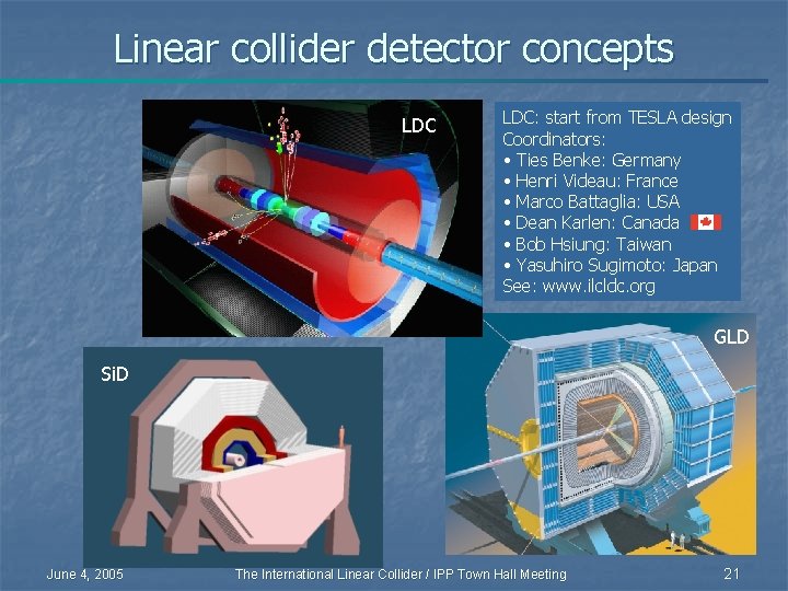 Linear collider detector concepts LDC: start from TESLA design Coordinators: • Ties Benke: Germany