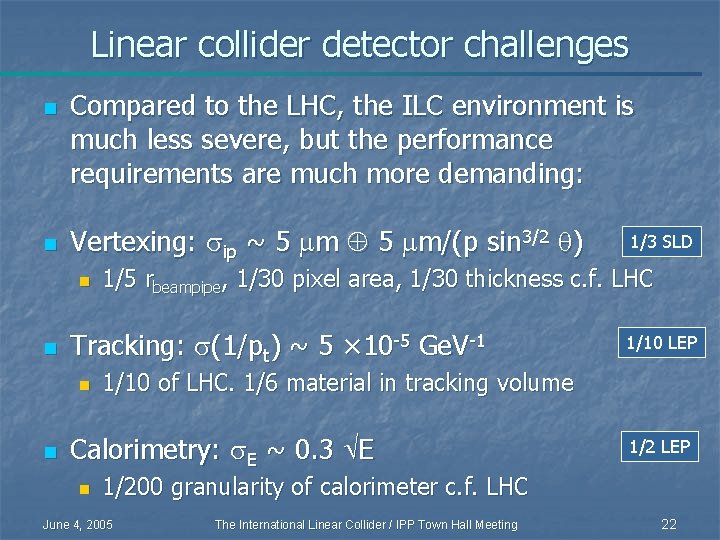 Linear collider detector challenges n n Compared to the LHC, the ILC environment is
