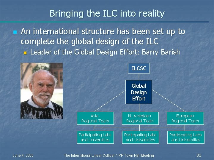 Bringing the ILC into reality n An international structure has been set up to